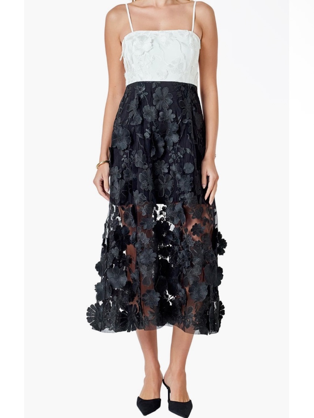 Endless Rose Floral Appliqué Colorblock Midi Dress in White & Black NEW Size S - Picture 1 of 11